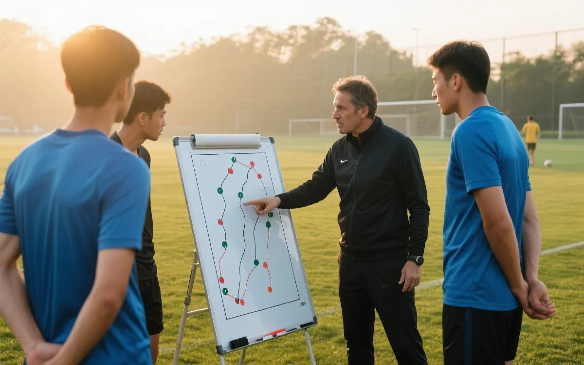 训练场上中场球员与教练在战术板前讨论跑位与出球线路