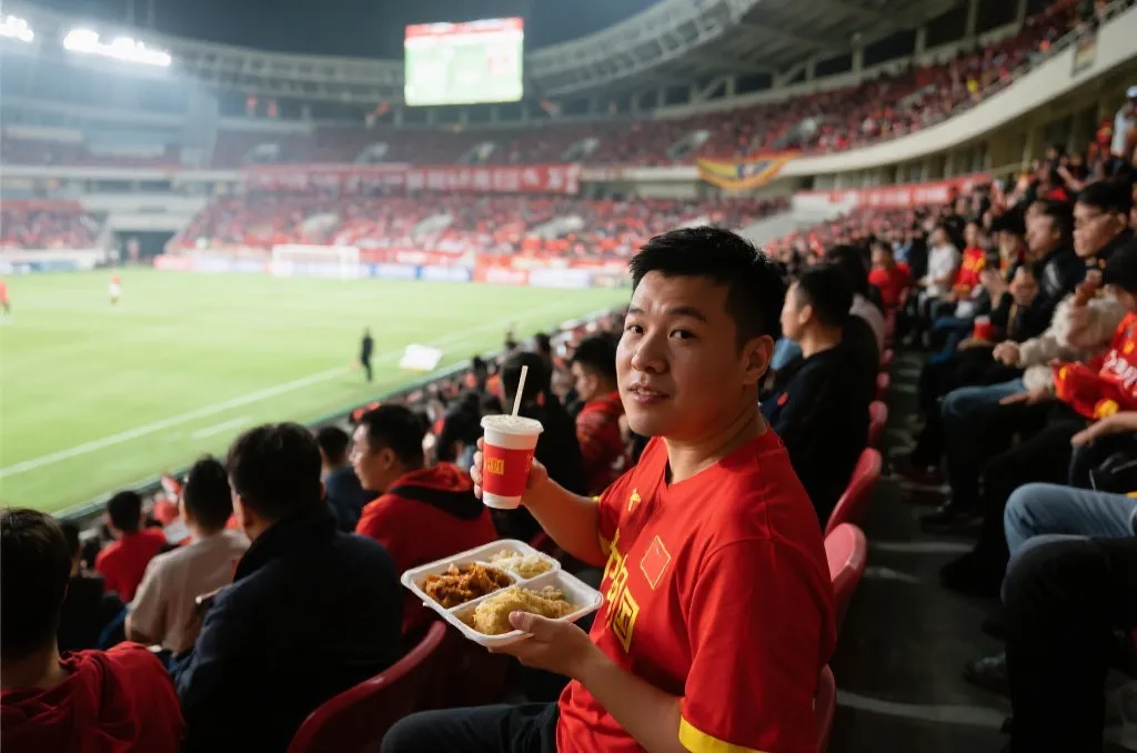 中国球迷在球场内手持饮料和围巾观看世界杯比赛的沉浸氛围
